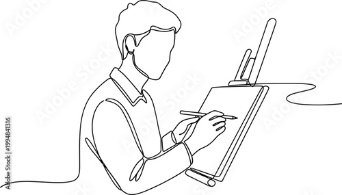Artist drawing on easel, continuous line art, creative process, illustration
