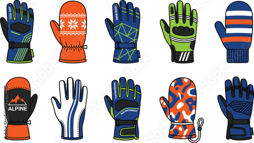 winter gloves and mittens icons, ski and snowboard handwear for outdoor sports, vector illustration