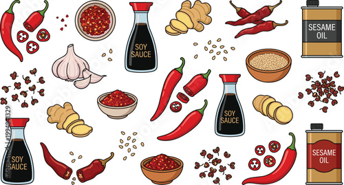 Asian Cooking Ingredients Set with Soy Sauce Chili Pepper Garlic Ginger Sesame Oil and Spices in Flat Vector Illustration Style