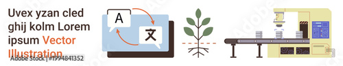 Language translation, global communication, sustainable farming, automation, innovation, technology. Speech bubbles with language icons, plant growth and assembly line automation. Global