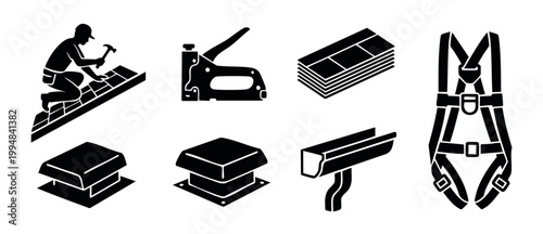 Roofing construction icon set for home renovation and professional repair services featuring worker, shingles, gutter, safety harness, and ventilation equipment as simple black glyph vector illustrati
