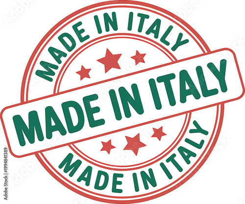 Made in Italy stamp seal logo with green text and red stars