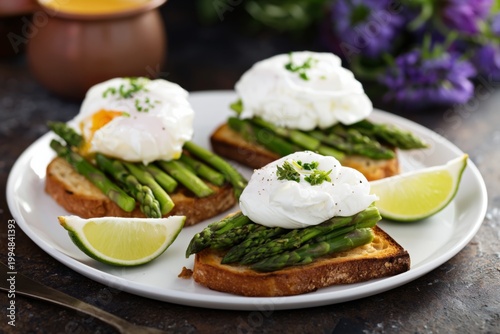 Fresh Poached Eggs on Toast With Asparagus and Lime Served on a White Plate a...