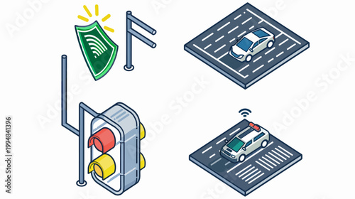 Isometric cartoon icons illustrating various aspects of autonomous driving