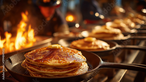 Pancakes Cooking on Skillet at Firefighters Pancake Breakfast Fundraiser with Warm Ambience and Community Spirit Event