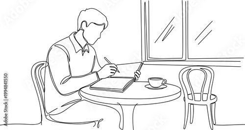 Man writing in notebook at cafe table with coffee, continuous line drawing