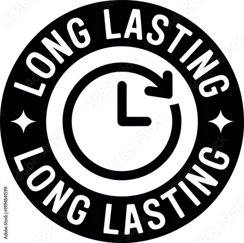 Long lasting black and white clock logo with text and stars