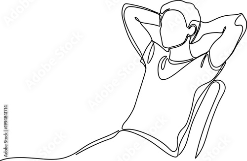 Relaxed man resting, hands behind head, minimalist line art, single continuous stroke