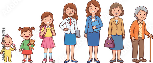 Female Aging Process Illustration Showing Baby Girl Student Professional Woman and Senior Standing Together Vector