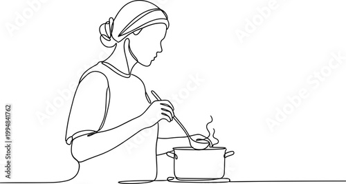 Woman cooking soup in a pot with ladle, single line drawing illustration