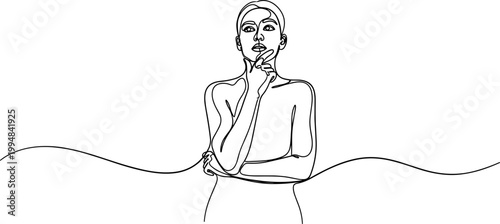 Single Line Drawing of a Woman Thinking, Hand on Chin, Minimalist Art