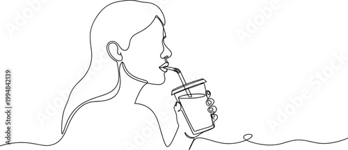 Continuous line drawing of a woman drinking from a cup with a straw, minimalist, elegant style.