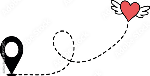 Heart with wings flying to a location pin with dotted line  love navigation concept