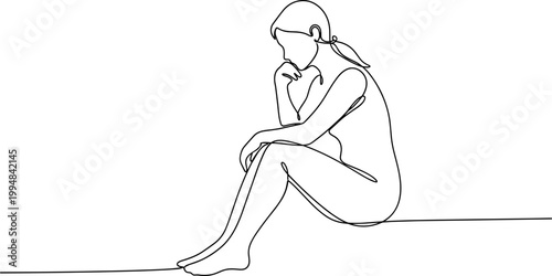 Continuous Line Drawing of a Thoughtful Woman Sitting