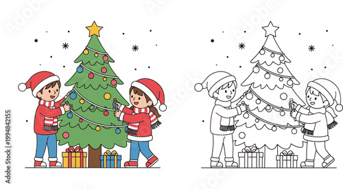 Kids Decorating Christmas Tree Colored Illustration and Line Art Outline for Coloring Page, Festive Holiday Activity Vector