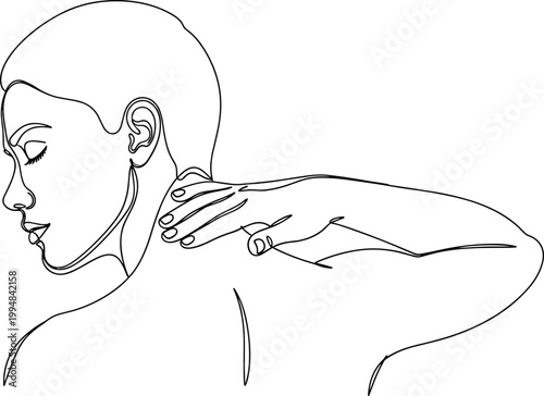 Woman's hand massaging sore neck, pain relief, migraine, tension, stress relief, one line art
