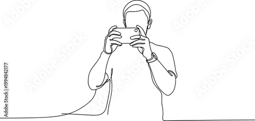 Continuous line drawing of a person holding a smartphone horizontally to take a photo or video