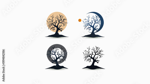 Four silhouetted barren trees overlaid with geometric shapes on white background