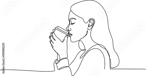 Woman drinking coffee, one line drawing, minimalist illustration