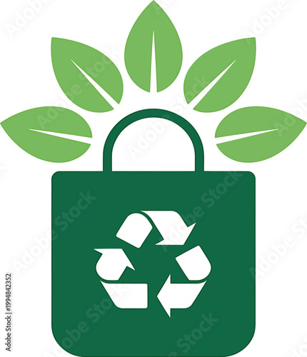 Green reusable bag with recycling symbol and leaves on white background
