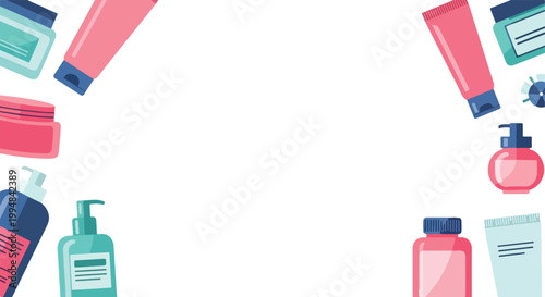 This illustration features a collection of various cosmetic and skincare products arranged in a frame around a white central space.