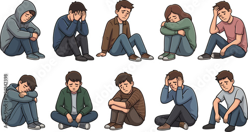 Sad and depressed people sitting on the floor, young men and women feeling lonely flat vector illustration set