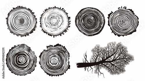 Black and white illustration featuring cross-sections of tree trunks and a fallen tree