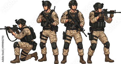 Military special forces soldier set with desert camouflage uniform and tactical gear flat vector illustration