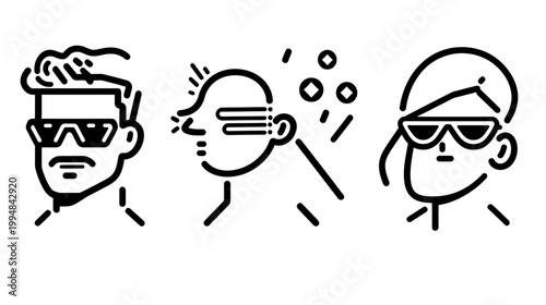 Bold black and white graphic illustration featuring three stylized human faces wearing sunglasses