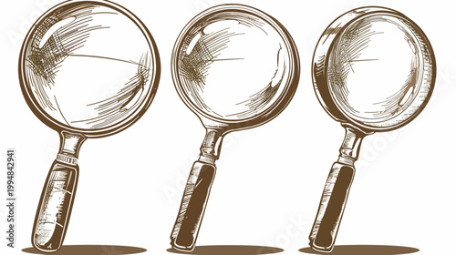 Three etched magnifying glasses in a row with subtle shadows, on white background