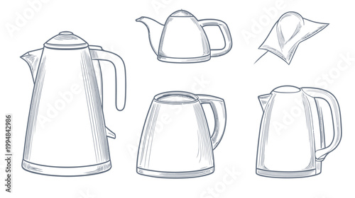 Hand-drawn illustrations depicting various electric kettles and a stylized flower