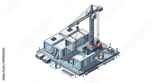 Isometric Modular Housing Construction Site Illustration with Crane Lifting Prefabricated Living Modules and Construction Workers on White Background