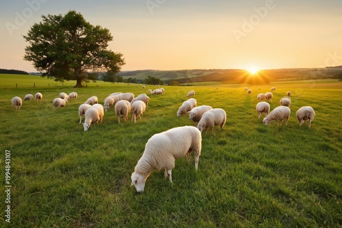 Sheep Grazing on Green Grass in a Field During Sunset in Rural Area