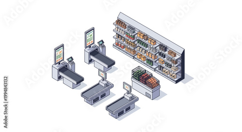 Isometric Supermarket Retail Interior Illustration with Self-Checkout Kiosks, Counters, and Product Shelves