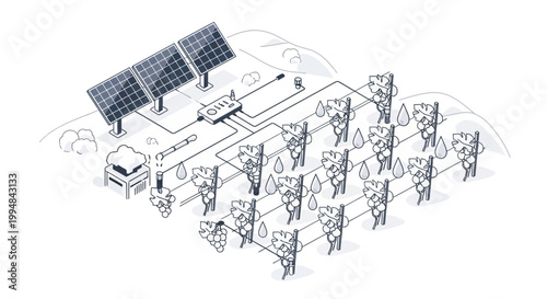 Smart Solar Powered Vineyard Irrigation System Isometric Line Art Illustration for Sustainable Precision Agriculture