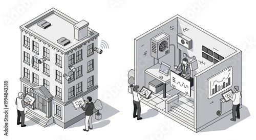 Isometric Smart Building Security and Surveillance System Illustration with Data Control Center Monitoring and IoT Facility Management