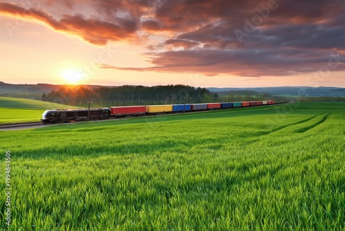 Train Travels Through Green Fields at Sunset With Colorful Cargo Cars in the ...