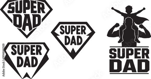Happy Father’s Day Typography Design with Superhero Dad Silhouette Badge, Minimal Black and White Vector Illustration