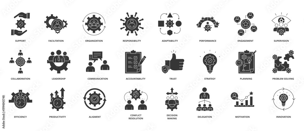Naklejka premium Team Work And Management glyph icon set collection. Icon pack contain collaboration, leadership, communication, coordination, accountability, trust, strategy, planning, delegation, motivation.
