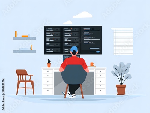 IT professional monitoring cloud server storage in office