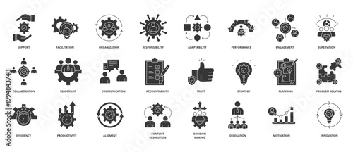 Team Work And Management glyph icon set collection. Icon pack contain collaboration, leadership, communication, coordination, accountability, trust, strategy, planning, delegation, motivation.