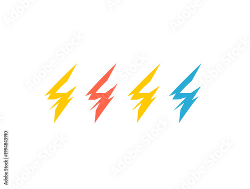 Four stylized lightning bolt icons in yellow, red, yellow, and blue, against a white background