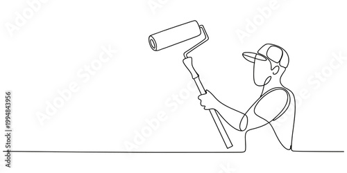Continuous single line drawing of a house painter with a paint roller