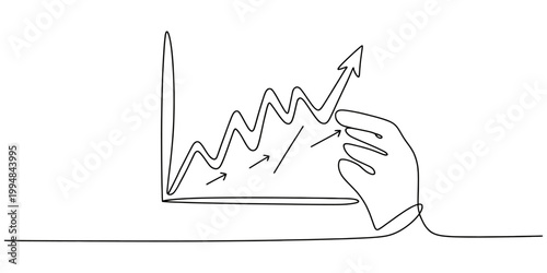 Continuous line drawing of a hand pointing at a rising business chart