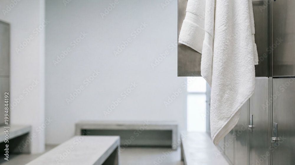 Obraz premium White towel hanging on metal locker in a modern minimalist gym changing room
