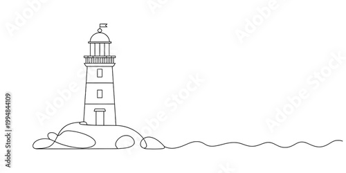 Continuous single line drawing of a lighthouse on a small rocky island