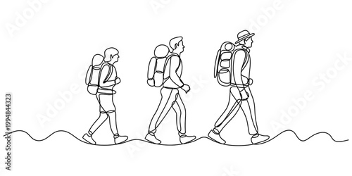 Continuous line drawing of three hikers walking with backpacks
