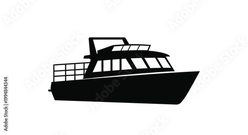 A stark black silhouette depicts a cabin cruiser boat showcasing its streamlined form and nautical design high quality