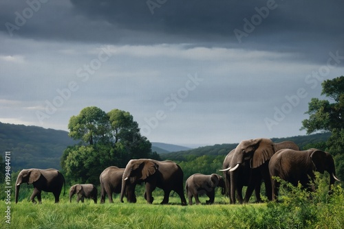 Elephants Walking in Line Across Green Field Under Cloudy Sky During Daytime