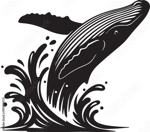 A black and white illustration of a whale jumping out of the water